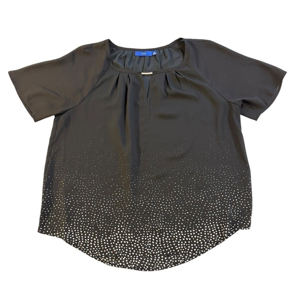 Apt. 9 Womens Black White Dot Gradient Blouse Petite Large Gold Bar Neck Top